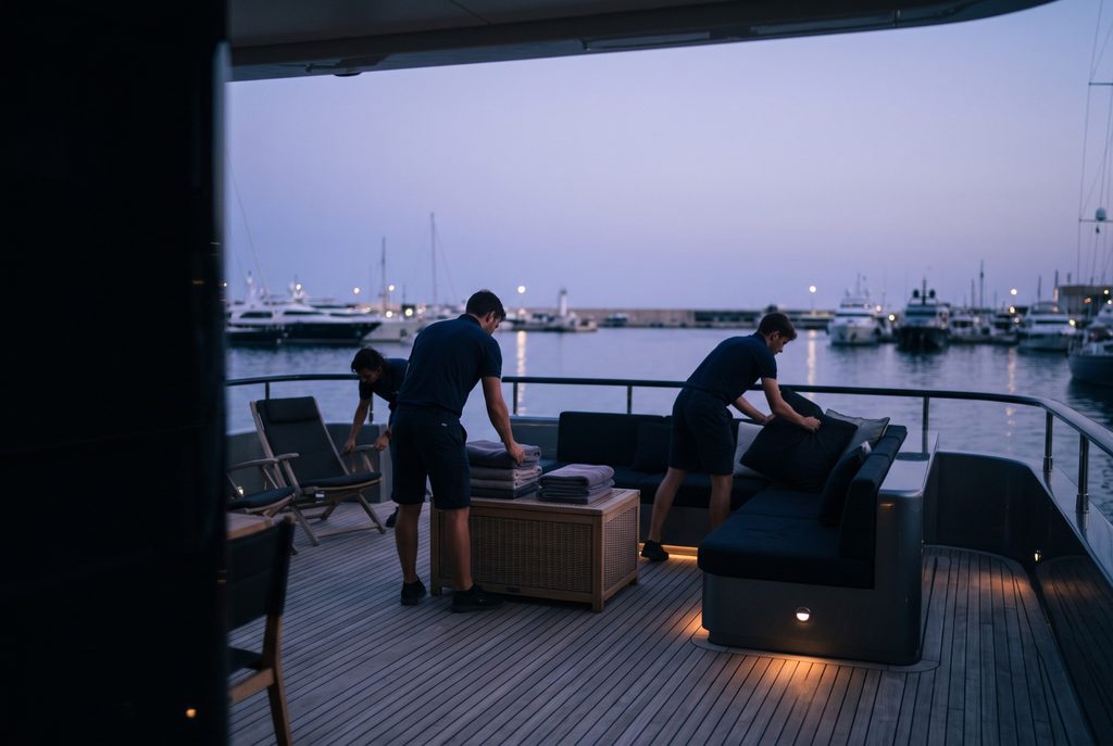 Équipage préparant le pont d'un yacht à la tombée du jour
